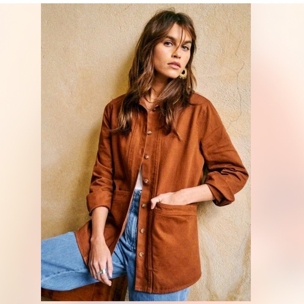 Sézane Women’s Size Small 100% Cotton Button Down Will Jacket Blazer Camel Brown
